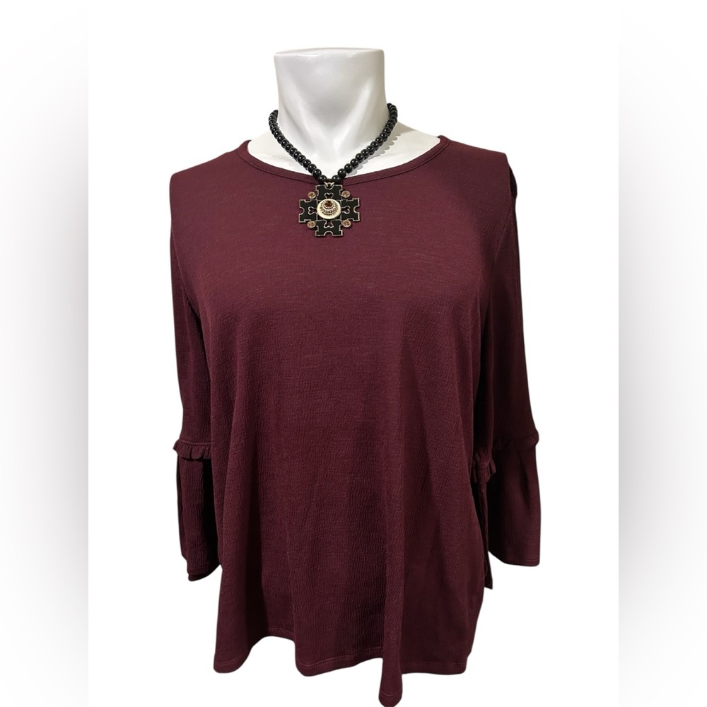 Chico's Deep Burgundy Long Sleeve Ruffle-Sleeve Top